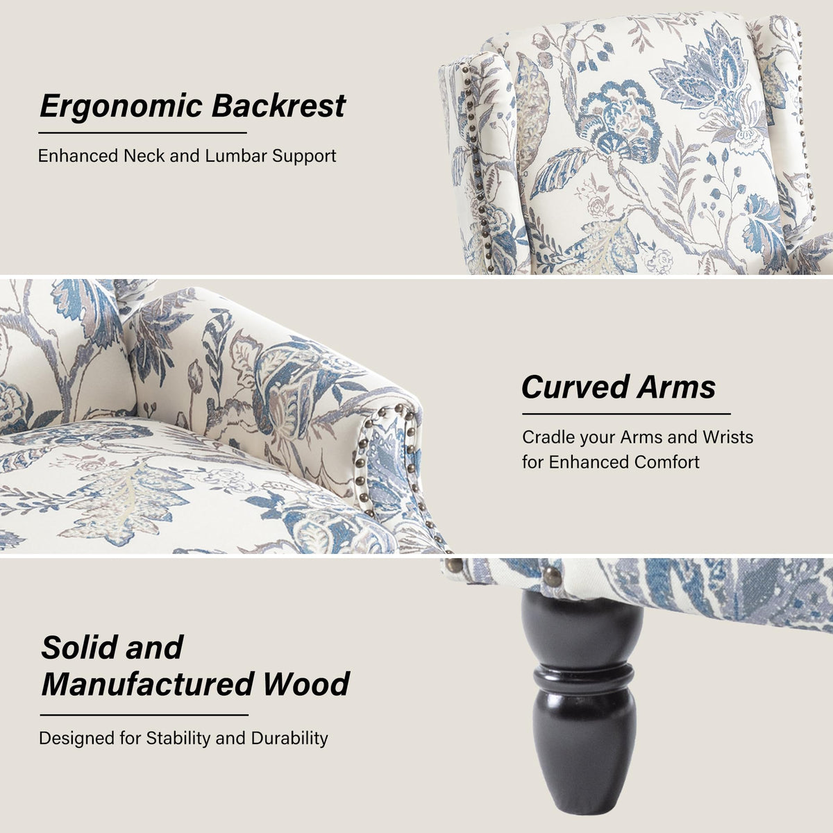 Wingback Floral Pushback Recliner Chair, Plants Beige, Set of 2