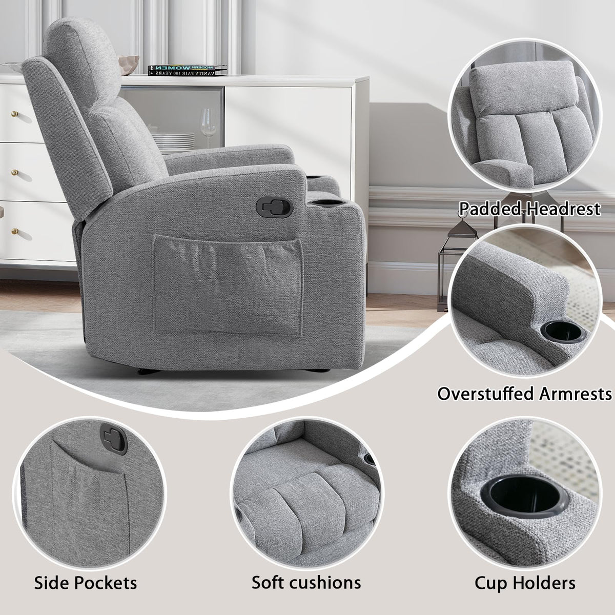 CANMOV Manual Recliner Chair with Massage and Heat, Soft Fabric Recliner Chair with Overstuffed Arm and Back, Manual Reclining Single Sofa with 2 Cup Holders, Side Pocket for Living Room, Dark Grey