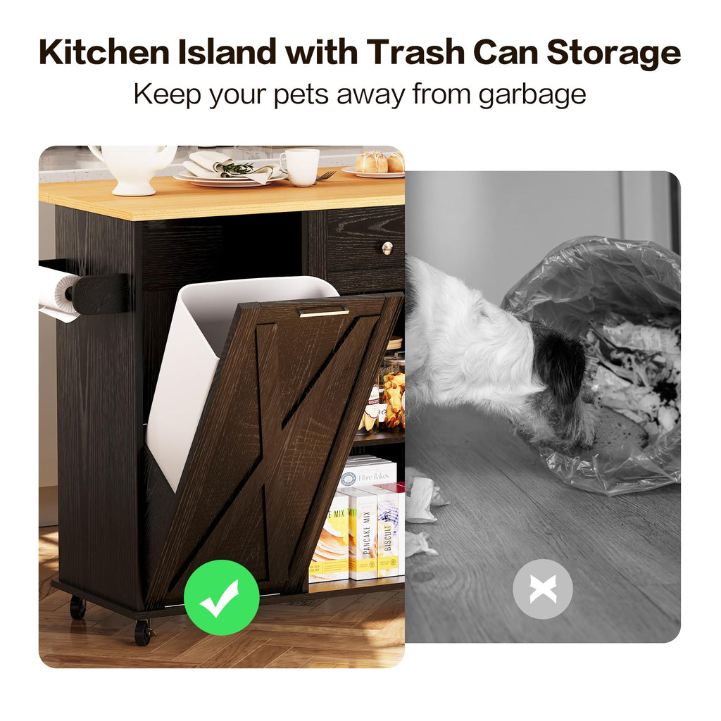 48" Modern Rolling Kitchen Island with Drop Leaf & Trash Can Storage, Mobile Island Table for Kitchen