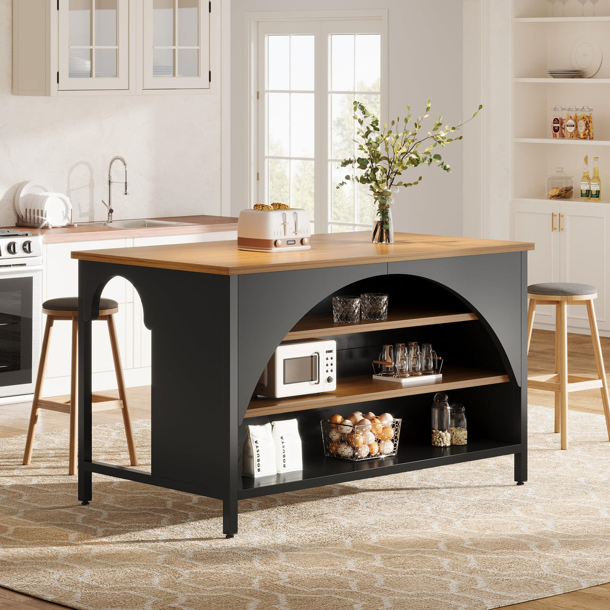 Tribesigns Kitchen Island with 3 Storage Shelves, 55" W Kitchen Shelf with Large Countertop and Seating Area, Modern Wooden Coffee Bar Table (White)