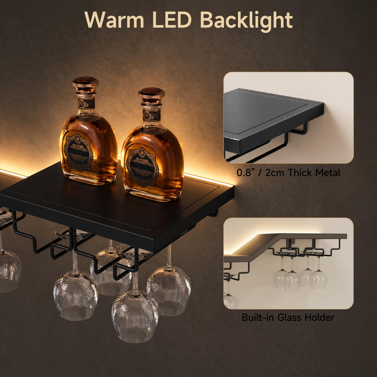 31.5" Wall Mounted Wine Rack with LED, 3-Tier Floating Bar Shelves