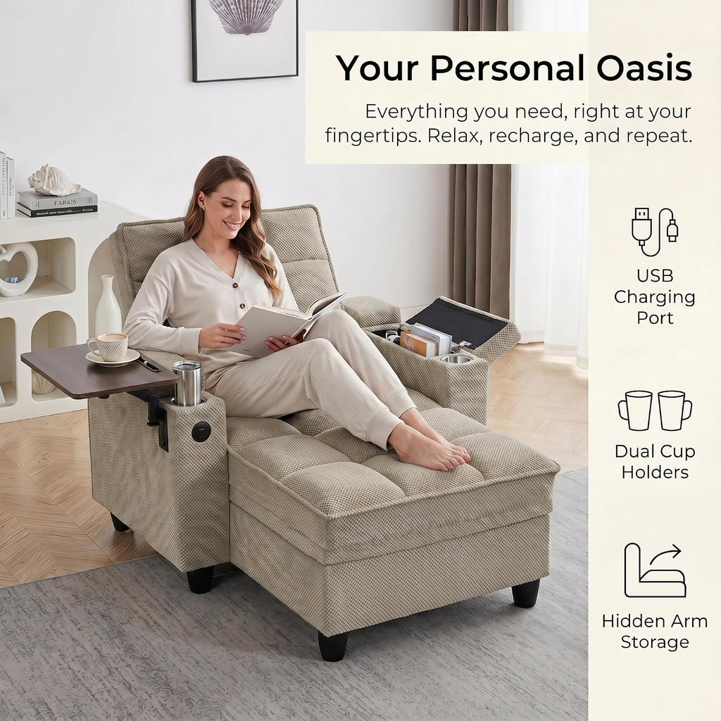 Convertible Sleeper Chair, Pull Out Sofa Bed with Adjustable Backrest & Hidden Storage Armrest, Single Sofa Recliner with USB Charging Port & Cup Holders for Living Room, Bedroom, Khaki
