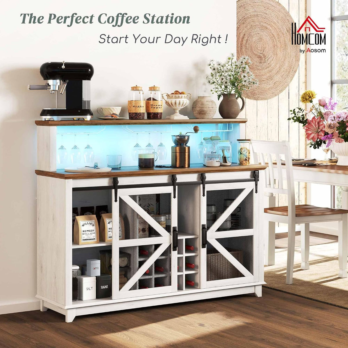 HOMCOM Farmhouse Coffee Bar Cabinet LED Lights 55" Distressed White