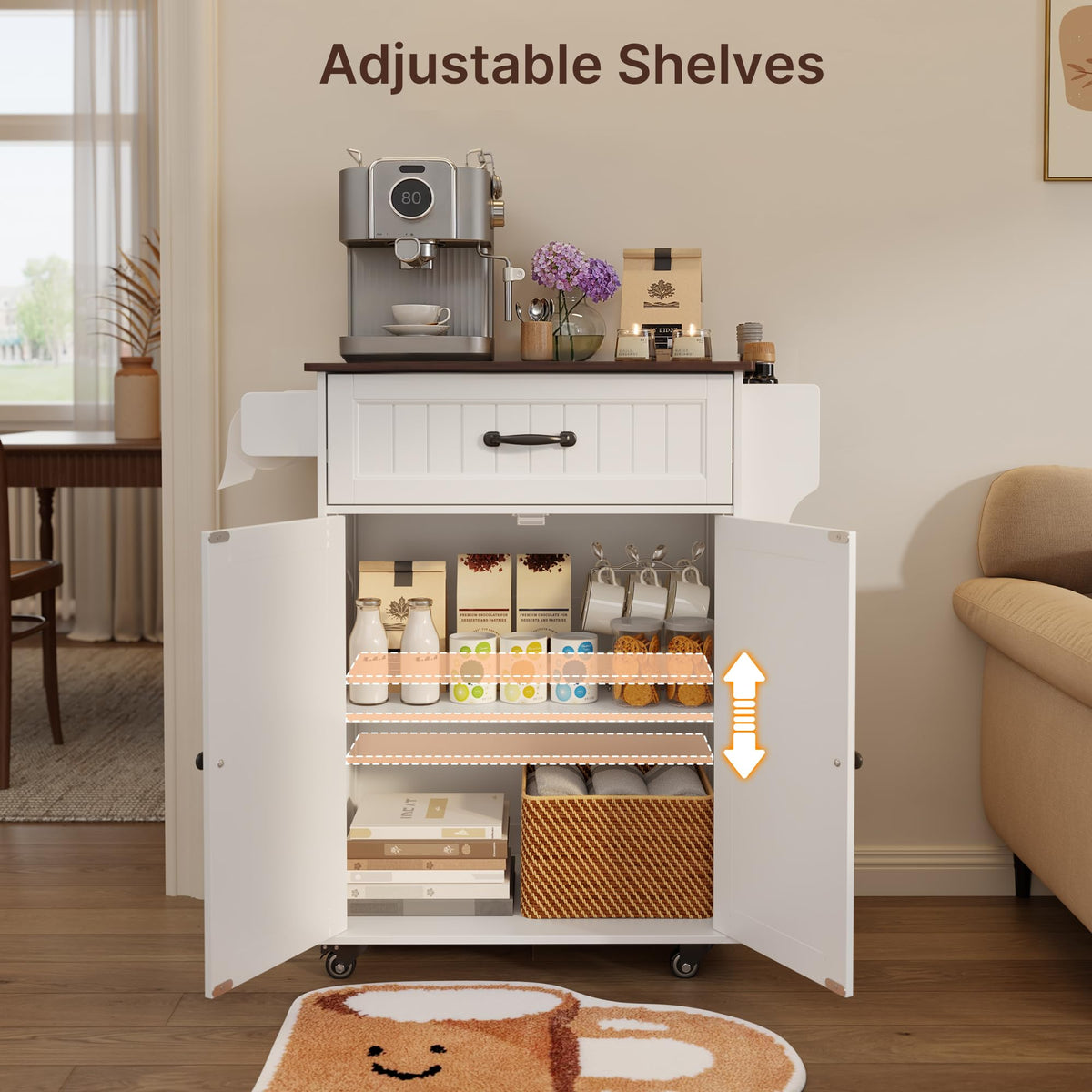 Gizoon Kitchen Island Cart with Adjustable Shelf, White, Tabletop-Oak Color