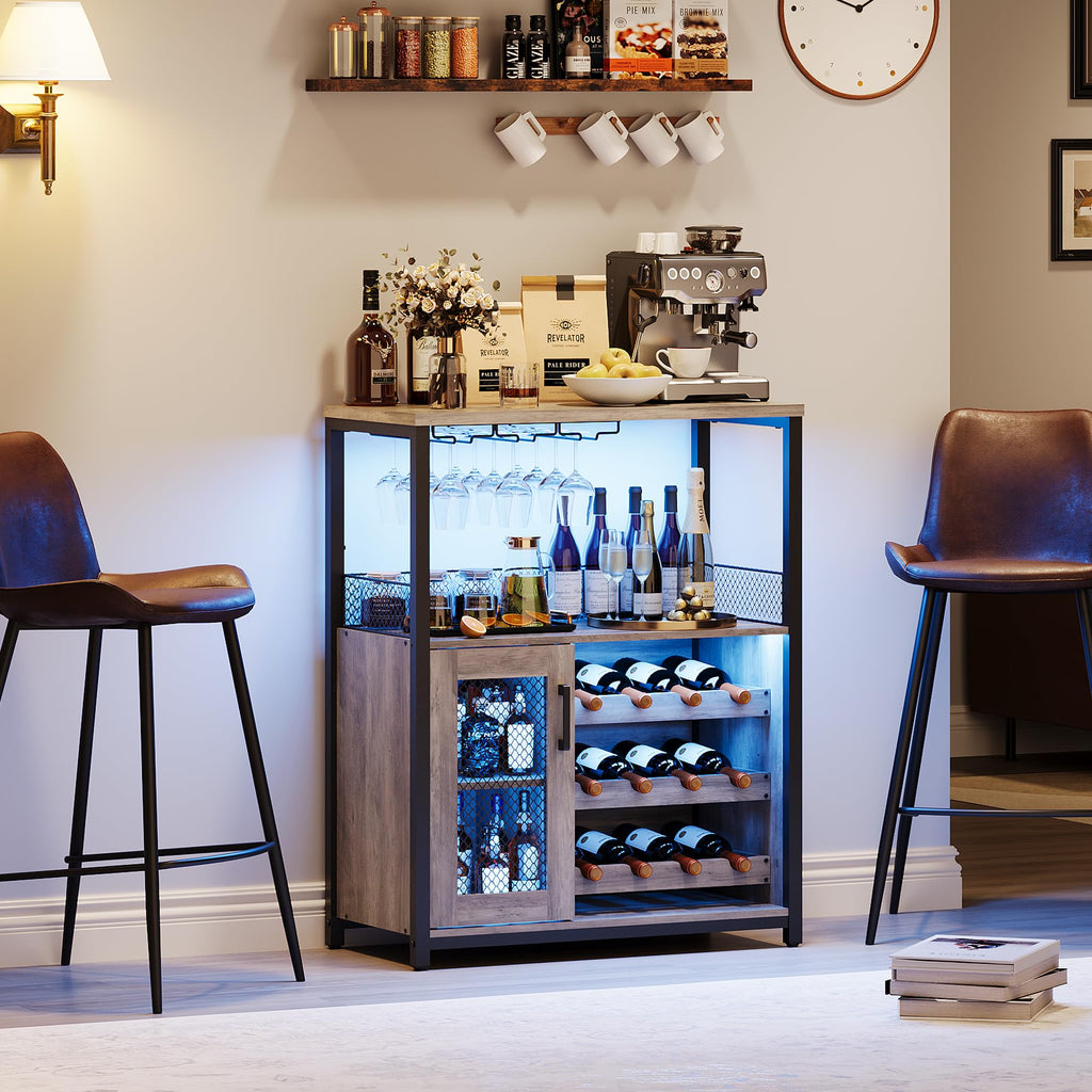Wine Bar Cabinet, 3-Tier Detachable Wine Rack, Stemware Glass Holder, Mesh Door & Storage Shelves, Liquor Storage Buffet Sideboard for Kitchen, Dining Room, Living Room or Home Bar - Black