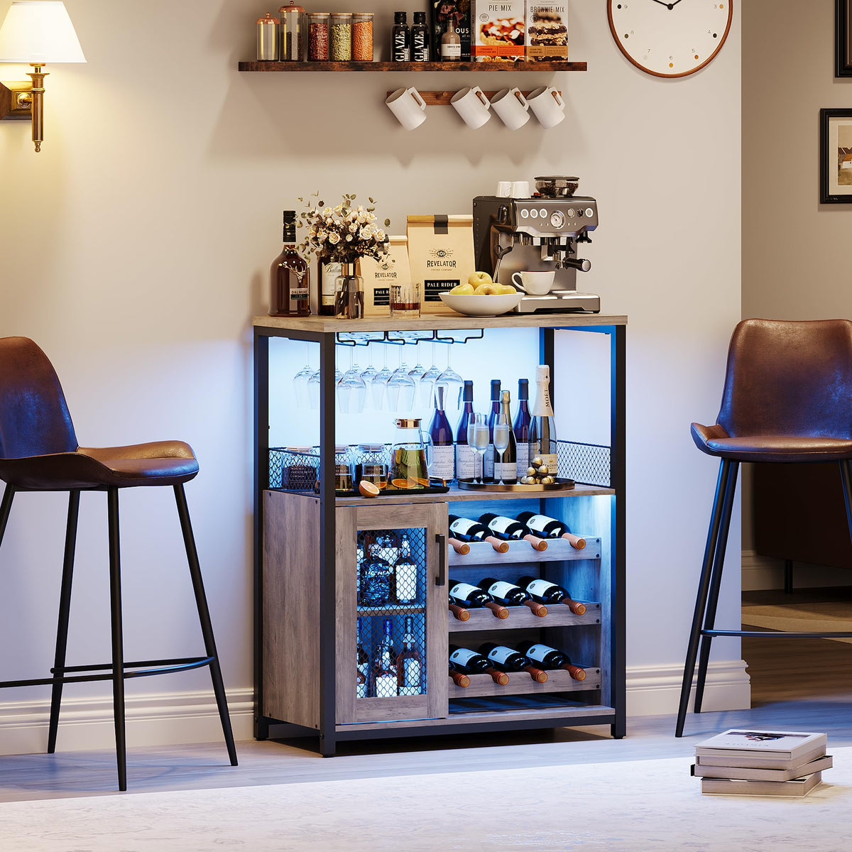Wine Bar Cabinet, 3-Tier Detachable Wine Rack, Stemware Glass Holder, Mesh Door & Storage Shelves, Liquor Storage Buffet Sideboard for Kitchen, Dining Room, Living Room or Home Bar - Black