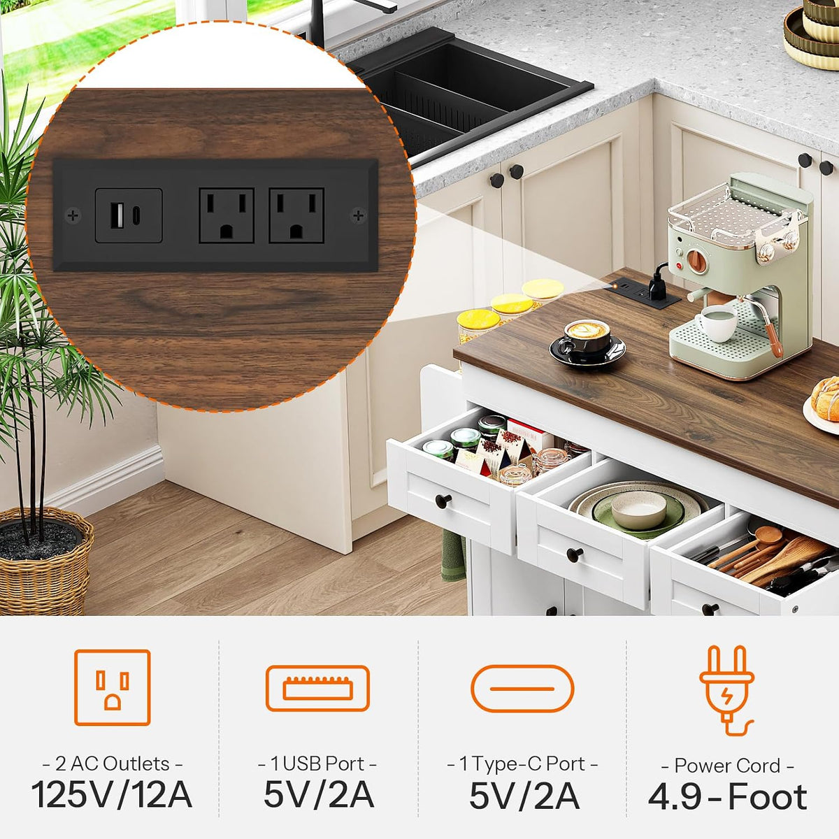 HOOBRO Extendable Kitchen Island with Extended Table & Power Outlet