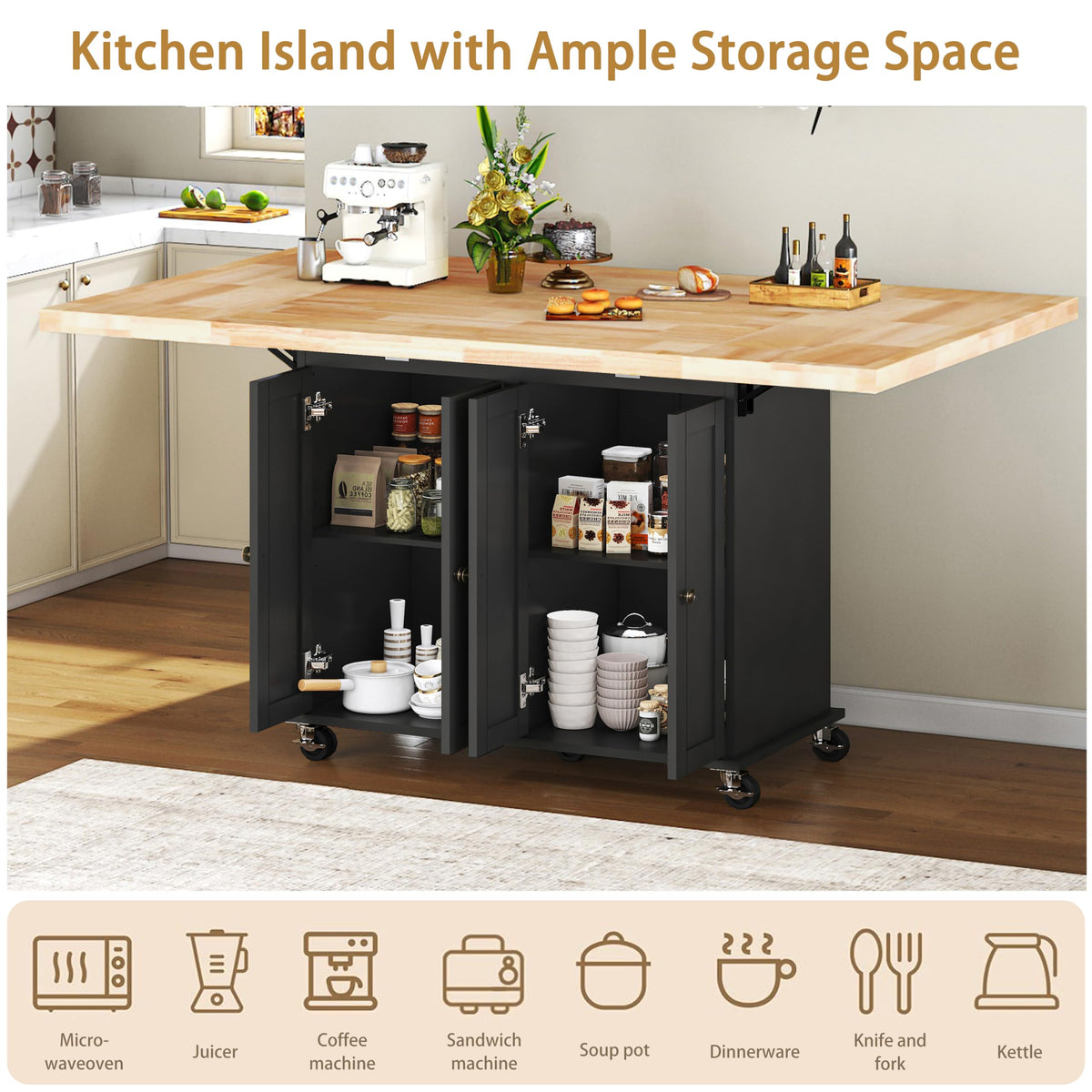 62.8" Rolling Kitchen Island with Double Drop Leaf Rubberwood Countertop, Mobile Kitchen Cart with Storage Cabinet & Lockable Wheels, Space-Saving Foldable Kitchen Prep Station for Dining Room, White