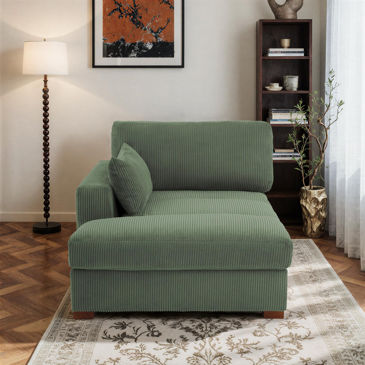 Oversized Corduroy Chaise Lounge Chair with Right Armrest & Cushion, Comfy Upholstered Sleeper Sofa Indoor Recliner Seat Solid Wood Couch w/Washable Cover for Bedroom, Living Room - Orange