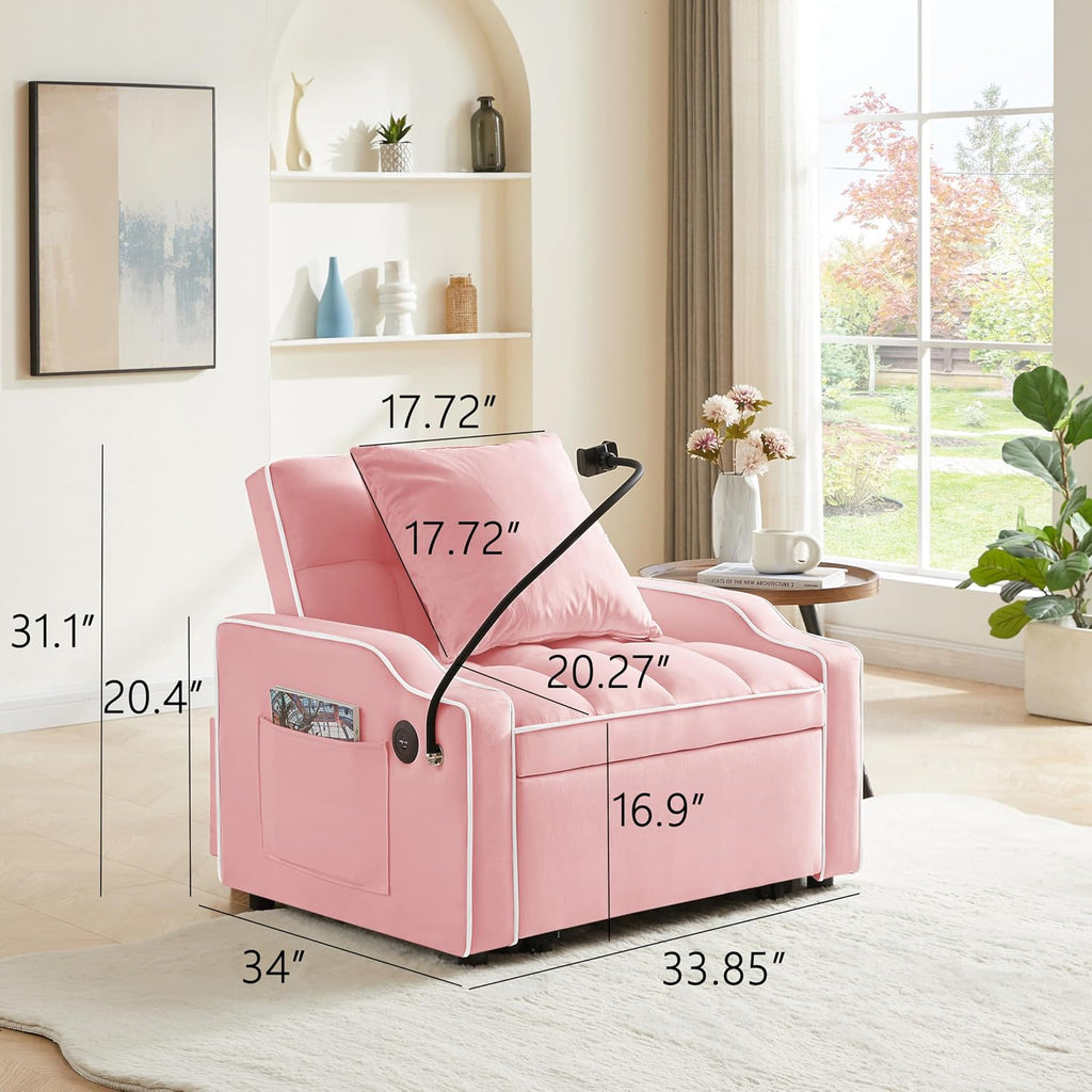mikibama Pull Out Chair Bed Tufted, Convertible Sleeper Chairs with Storage Pocket & Cupholder & Phone Holder,3-in-1 Reclining Single Sofa Couch Bed for Adults Small Spaces (Pink, 33.85")