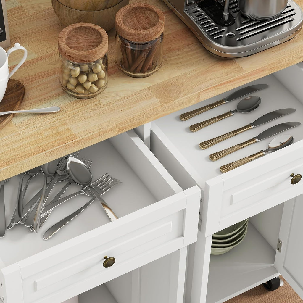 HOMCOM Kitchen Island Cart on Wheels with Solid Wood Top, 44" Cream White