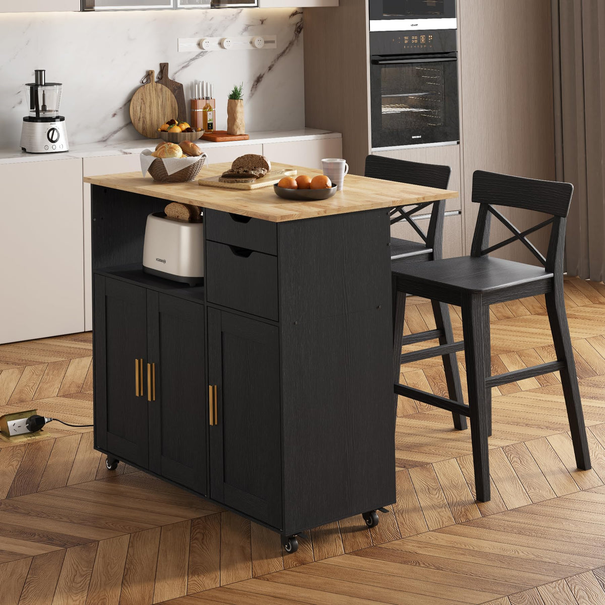 ASTRONAPE Rolling Kitchen Island Cart with Storage, Mobile Kitchen Island with Power Outlet, Large Wood Top, Drawers & Cabinets for Dining Room (White, Model 1)