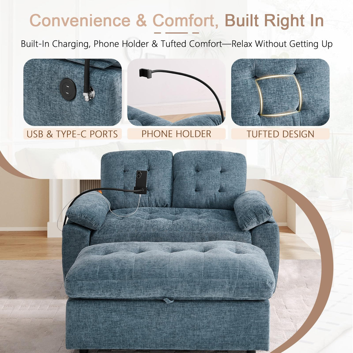 Oversized Chaise Lounge Chair Indoor, Single Convertible Recliner Reading Arm Sofa Chair W/Adjustable Backrest & Charging Port Couch Bed for Living Room, Home Theater & Bedroom, Brown