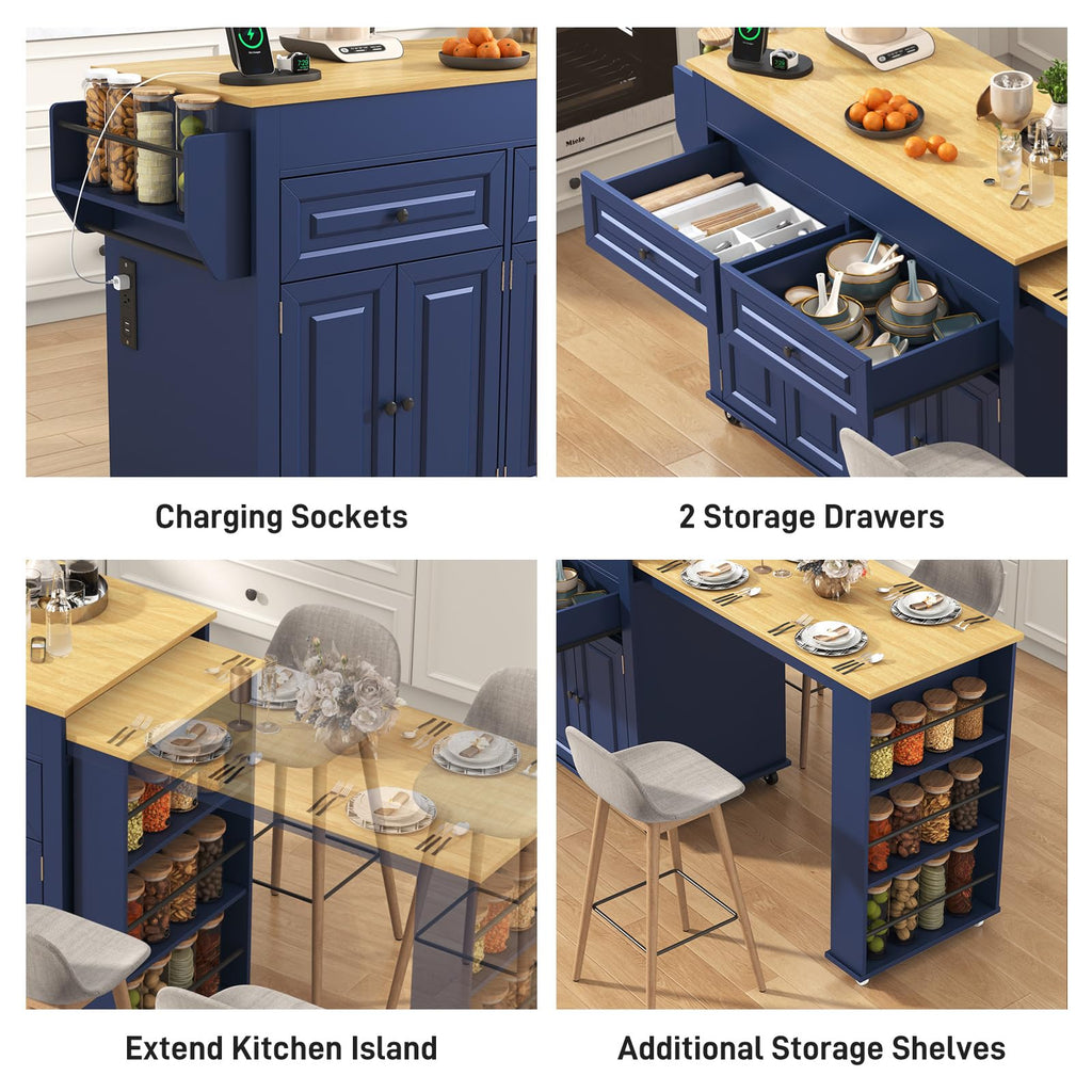 80"-48" Extendable Kitchen Island with Extended Dining Table and Power Outlet,Large Mobile Kitchen Storage Islands with 2 Storage Drawers,Rolling Islands Cart with 3 Extra Rows Open Shelves(Brown)