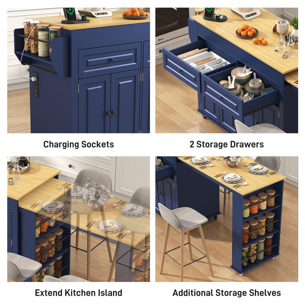 80"-48" Extendable Kitchen Island with Extended Dining Table and Power Outlet,Large Mobile Kitchen Storage Islands with 2 Storage Drawers,Rolling Islands Cart with 3 Extra Rows Open Shelves(Brown)