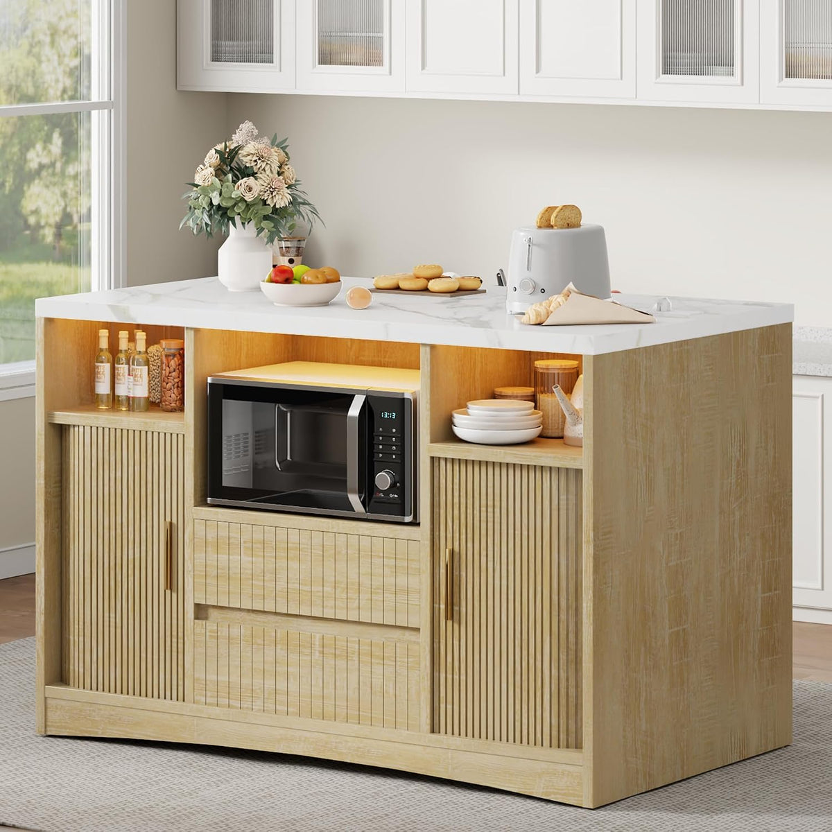 Kitchen Island with Power Outlet & LED Lights, 47" Rolling Island
