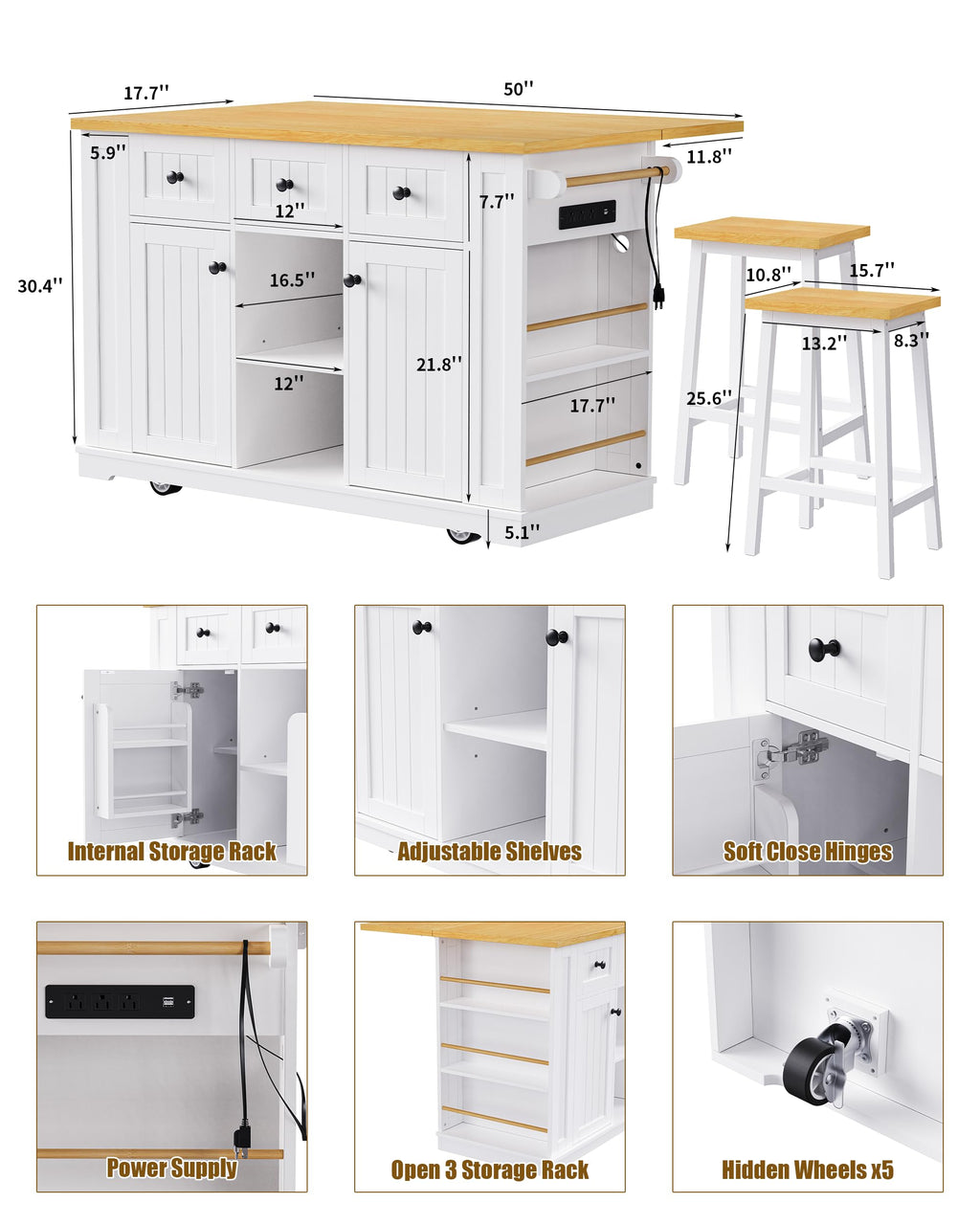 53-Inch Rolling Kitchen Island with Storage