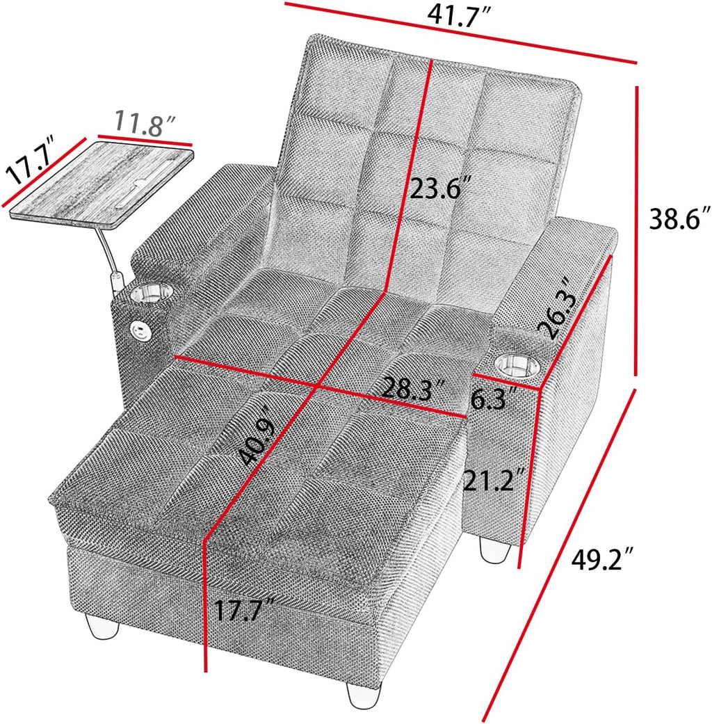 KEIKI 41.7" Convertible Sofa Bed Chair, Adjustable Backrest Recliner Chaise Lounge with USB Ports, Cup Holder, Storage Armrest and Swivel Table, Space Saving Sleeper Sofa for Studio, Dorm
