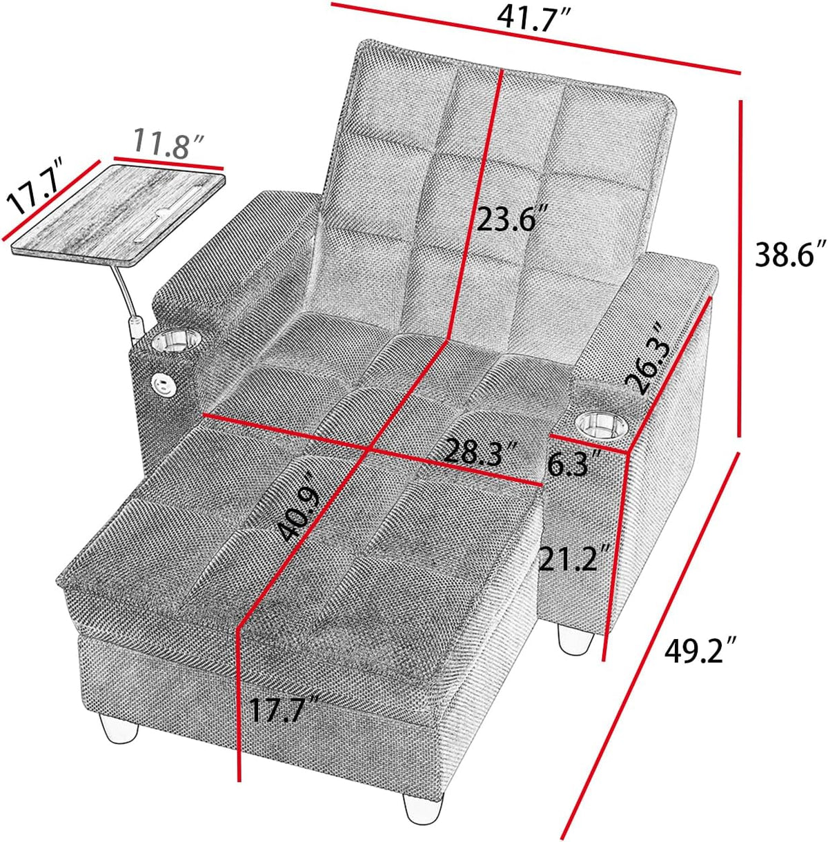 KEIKI 41.7" Convertible Sofa Bed Chair, Adjustable Backrest Recliner Chaise Lounge with USB Ports, Cup Holder, Storage Armrest and Swivel Table, Space Saving Sleeper Sofa for Studio, Dorm