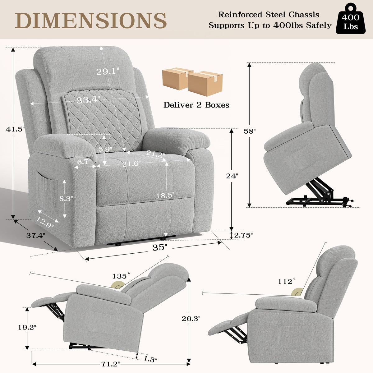 Power Recliner Chair with Heat & Massage, Electric Recliner for Elderly