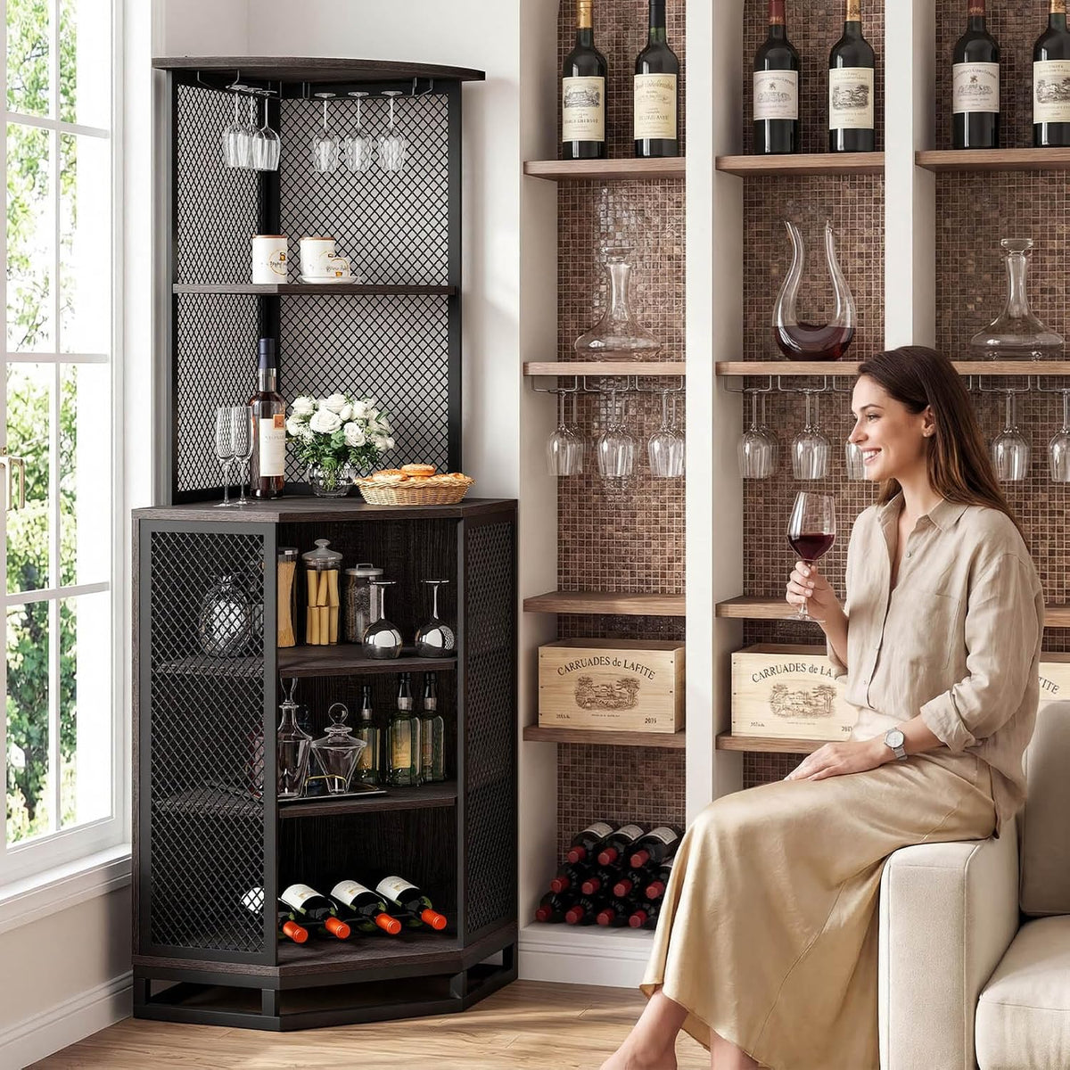 IBF 71 Inch Dark Grey Farmhouse Tall Corner Bar Cabinet with Glass Holder