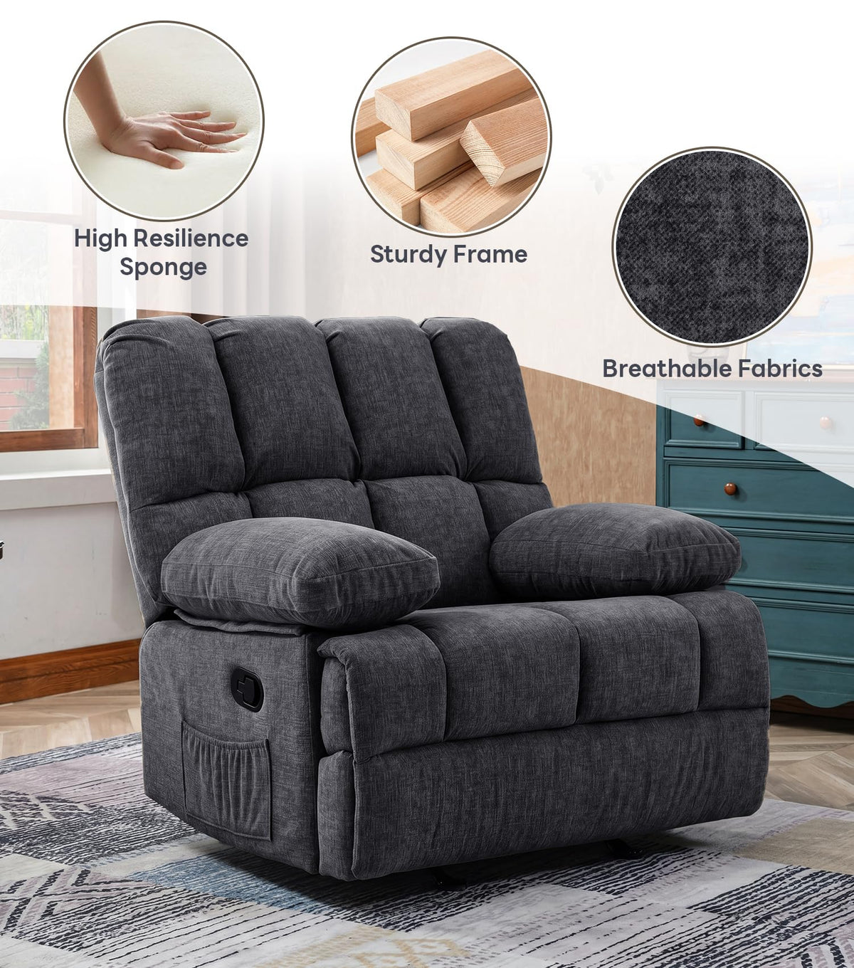 WILLOVE 41" Oversized Rocker Recliner Chair, Rocking Recliners Overstuffed Soft Big Man Manual Recliner, Extra Large Chenille Living Room Chair 350 LBS Capacity, Grey, L