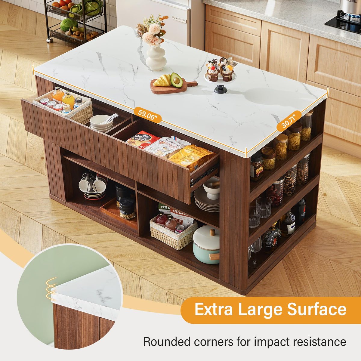 59" Kitchen Island with Storage & Seating for 2, Modern Stationary Kitchen Island with Faux Marble Top, 2 Drawers, Open Shelves & 5 Hooks, Counter Height Prep Table for Dining & Kitchen (White)