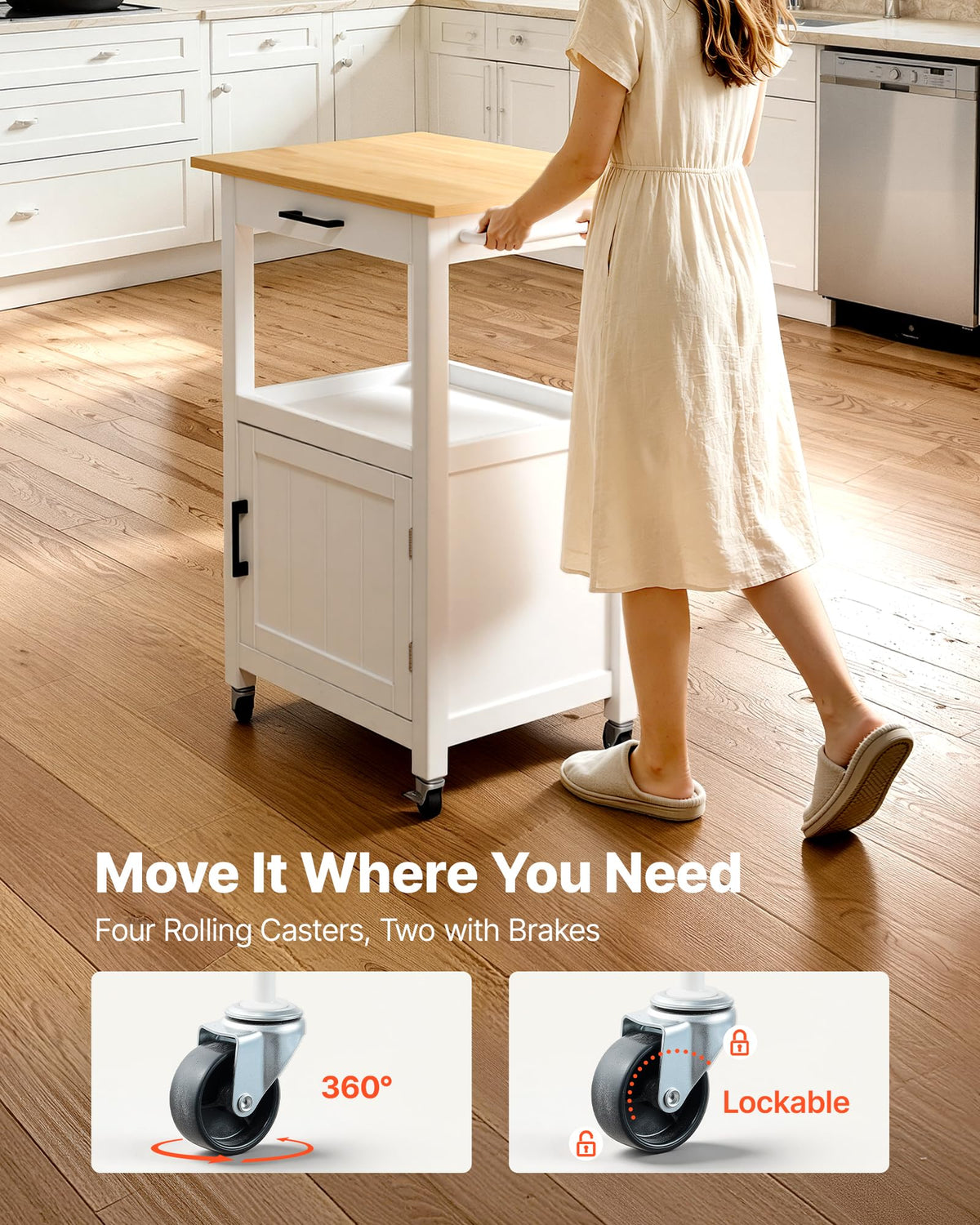 VEVOR Kitchen Island Cart with Storage, 47.64 in Wide Mobile Rolling Storage Island on Swivel Wheels, with 2 Drawers, Storage Cabinet, Drop Leaf, Towel Rack, Table for Home Dining Room, White