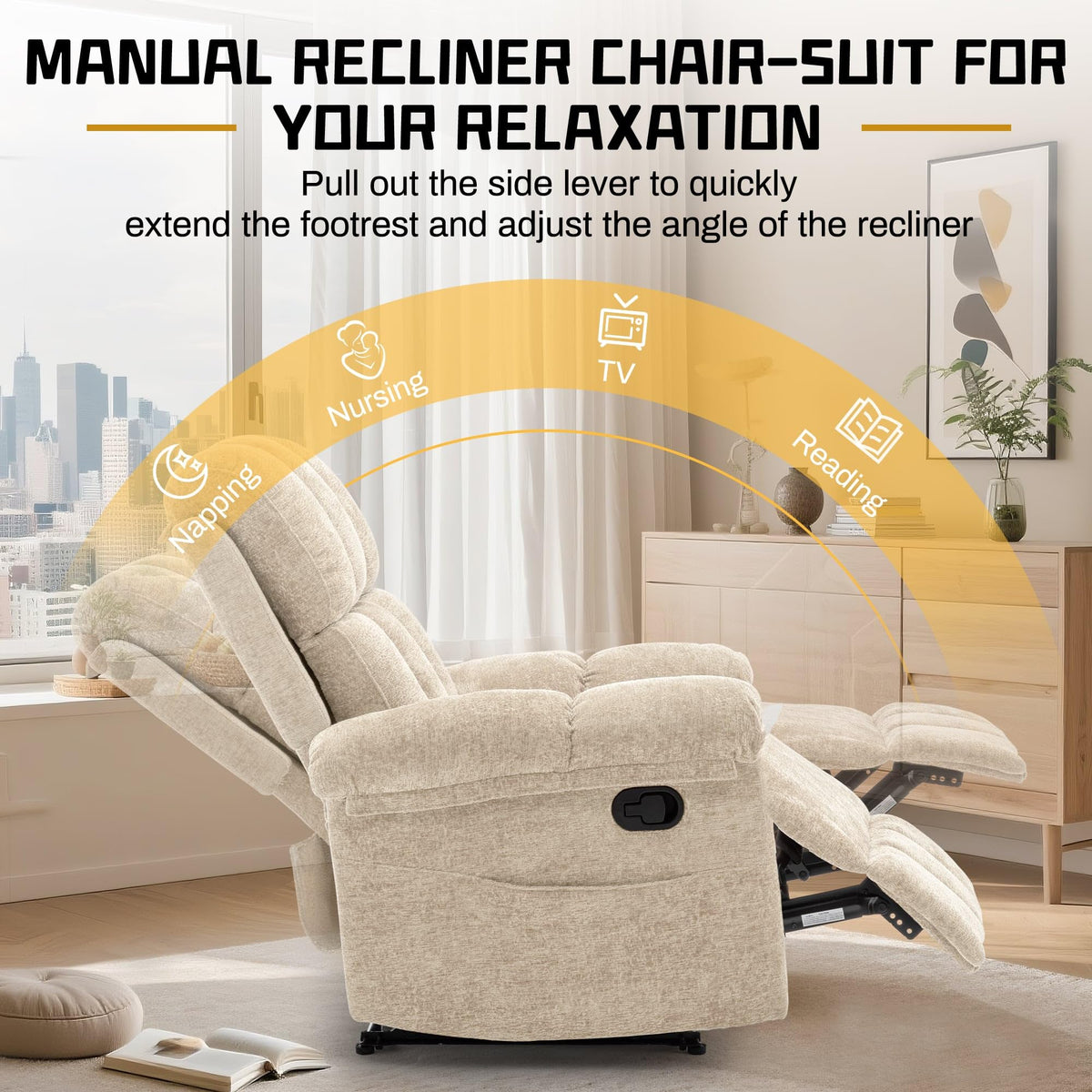 Korser Recliner Chair, Living Room Recliner Chairs for Adults, Small Recliners for Small Spaces, Upholstered Manual Recliner with Side Pockets, Comfy Nursery Chair for Living Room, Chenille, Beige