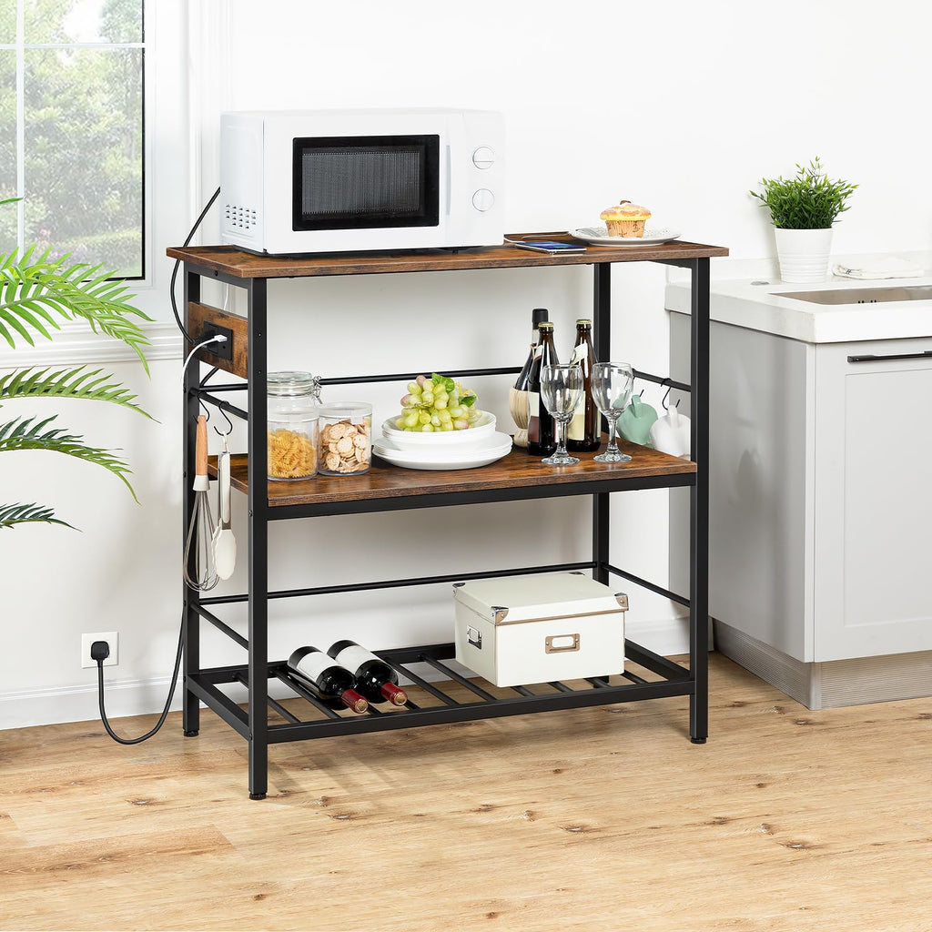 HOOBRO Kitchen Island with Storage, Kitchen Island Table with Power Outlet, 47.2" L 3 Tier Kitchen Counter and Microwave Stand, for Home, Kitchen and Dining Room, Rustic Brown and Black BF120UZD01
