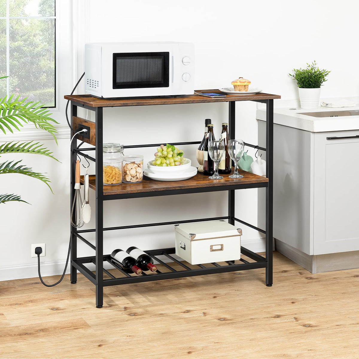 HOOBRO Kitchen Island with Storage, Kitchen Island Table with Power Outlet, 47.2" L 3 Tier Kitchen Counter and Microwave Stand, for Home, Kitchen and Dining Room, Rustic Brown and Black BF120UZD01