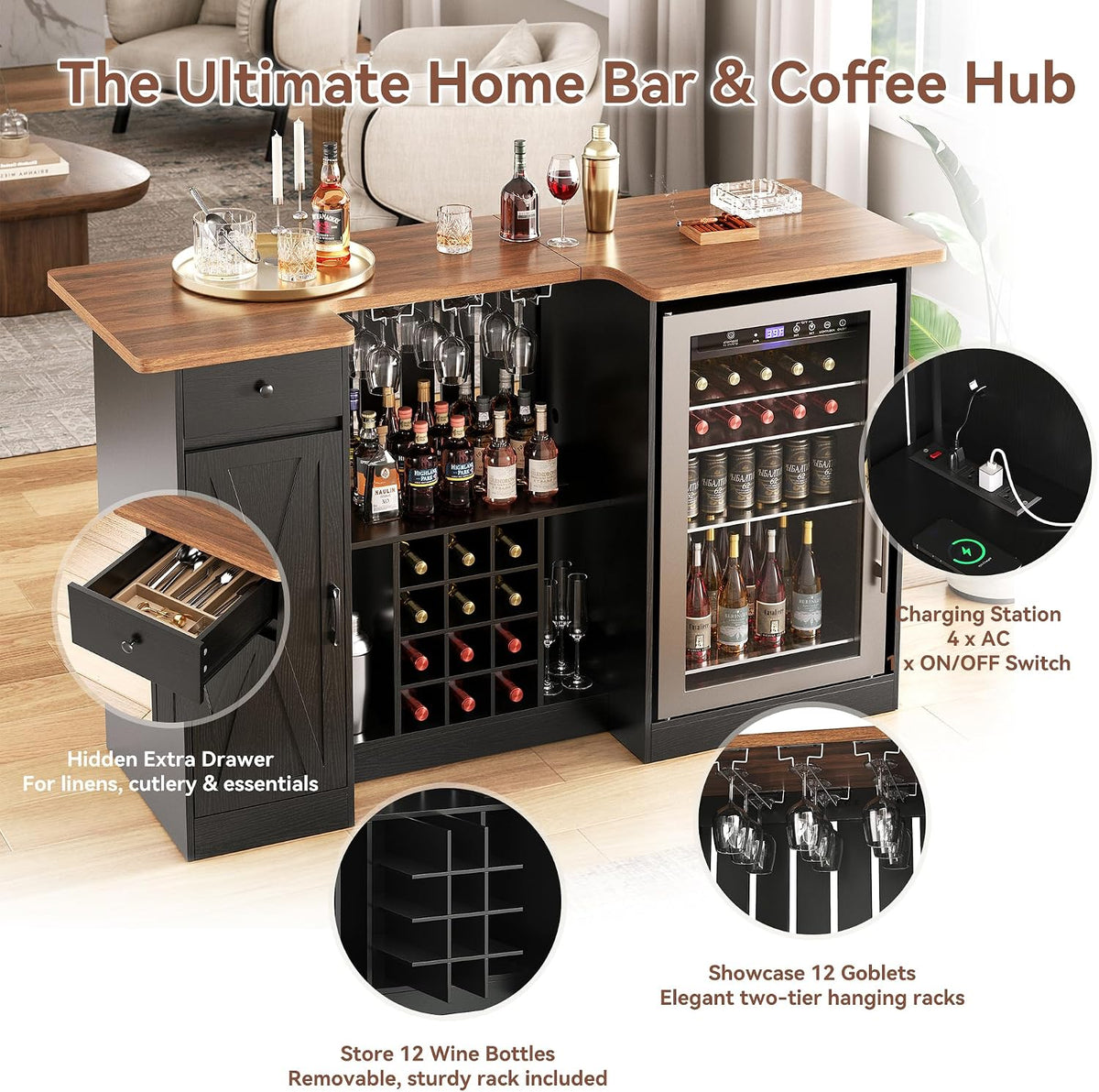 72" U-Shape Liquor Cabinet with Fridge Space, Bar Table with Wine Rack Glass Holder, Wine Bar Cabinet with Storage, Home Bar Cabinet for Man Cave Home Pub Basement Living Room, Black LRBT001B