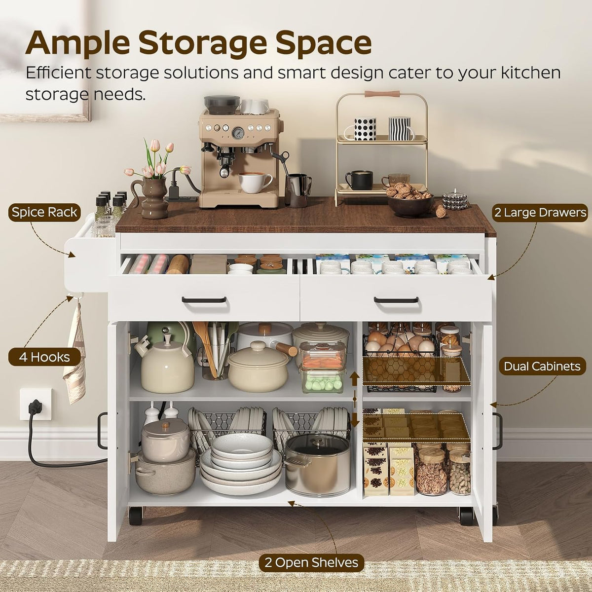 YATINEY Extendable Kitchen Island, Large Mobile Kitchen Storage Island, Rolling Kitchen Cart with Outlets, Island Table for Kitchen, White ZD03UWH