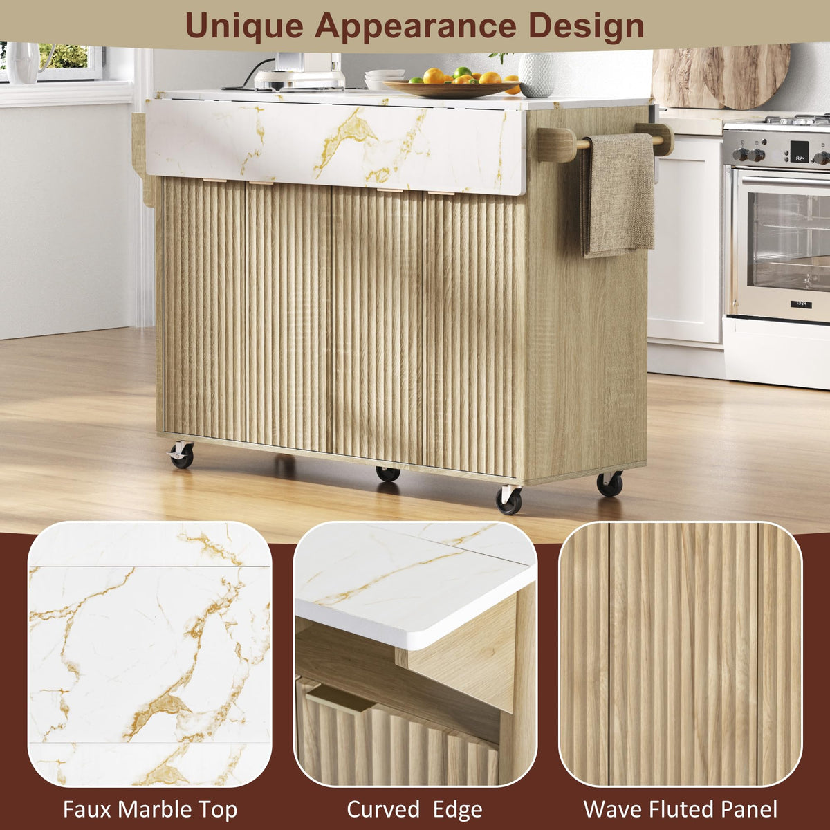 Large Fluted Kitchen Island Cart on Wheels with Storage, Natural
