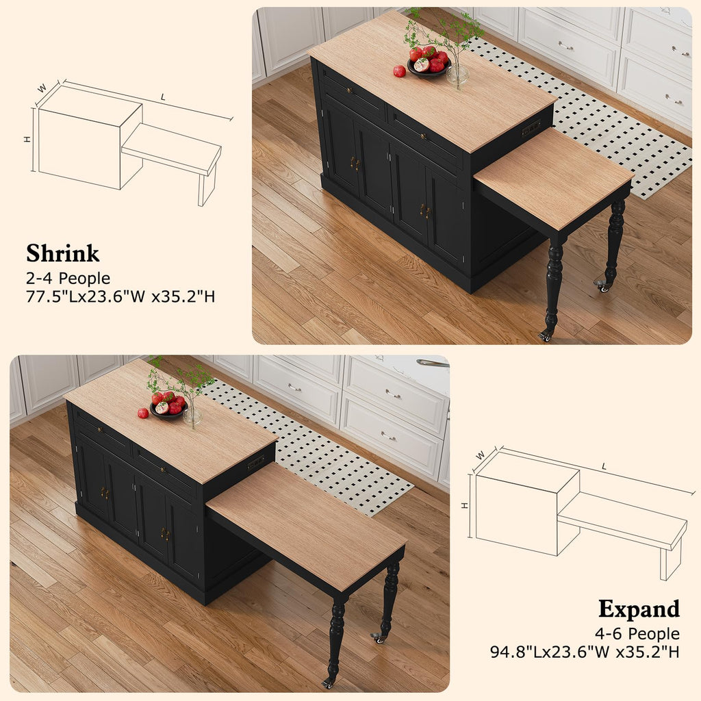 HLR 94.8" Kitchen Island with Extendable Table & Power Outlet, White