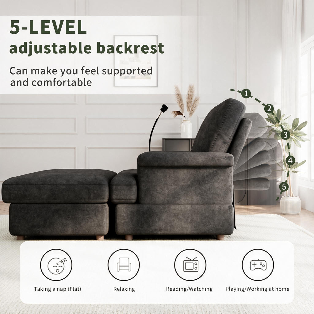 EJUNQ 66.5" Oversized Chaise Lounge Chair Indoorï¼Cozy Sofa Bed with Phone Holder and USB Chargerï¼Upholstered Deep Seat Sleeper Sofa Bedï¼Comfy Single Sofa Armchair for Living Room, Grey