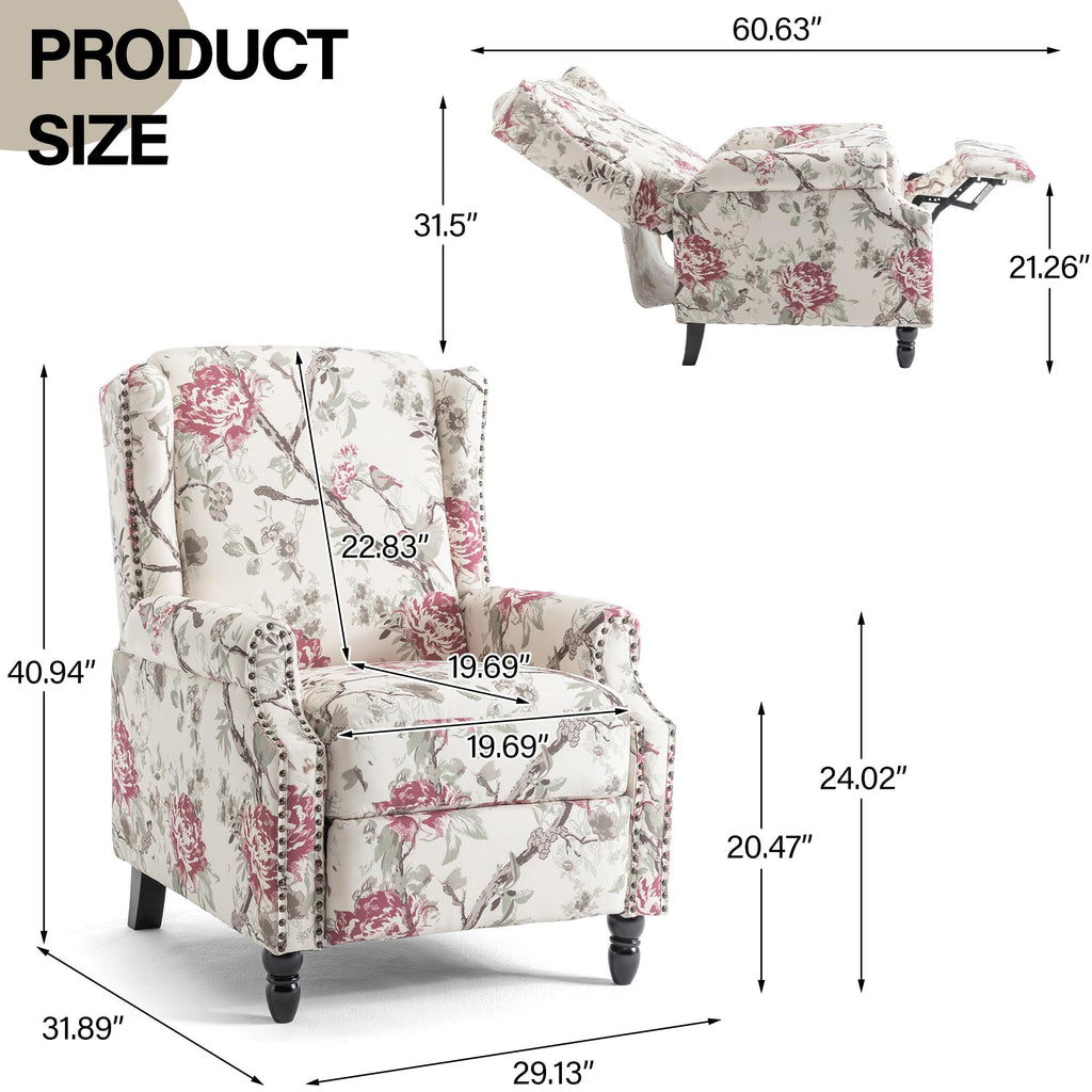 Wingback Floral Pushback Recliner Chair, Plants Beige, Set of 2