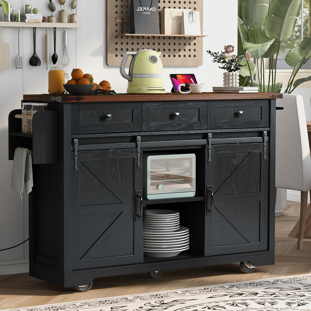 Ball & Cast Farmhouse Kitchen Island with Power Outlet,Dining Storage Island with Drop Leaf,Spice Rack and Drawer,Rolling Dining Cart on Wheels for Home,Kitchen,Dining Room,White,54"