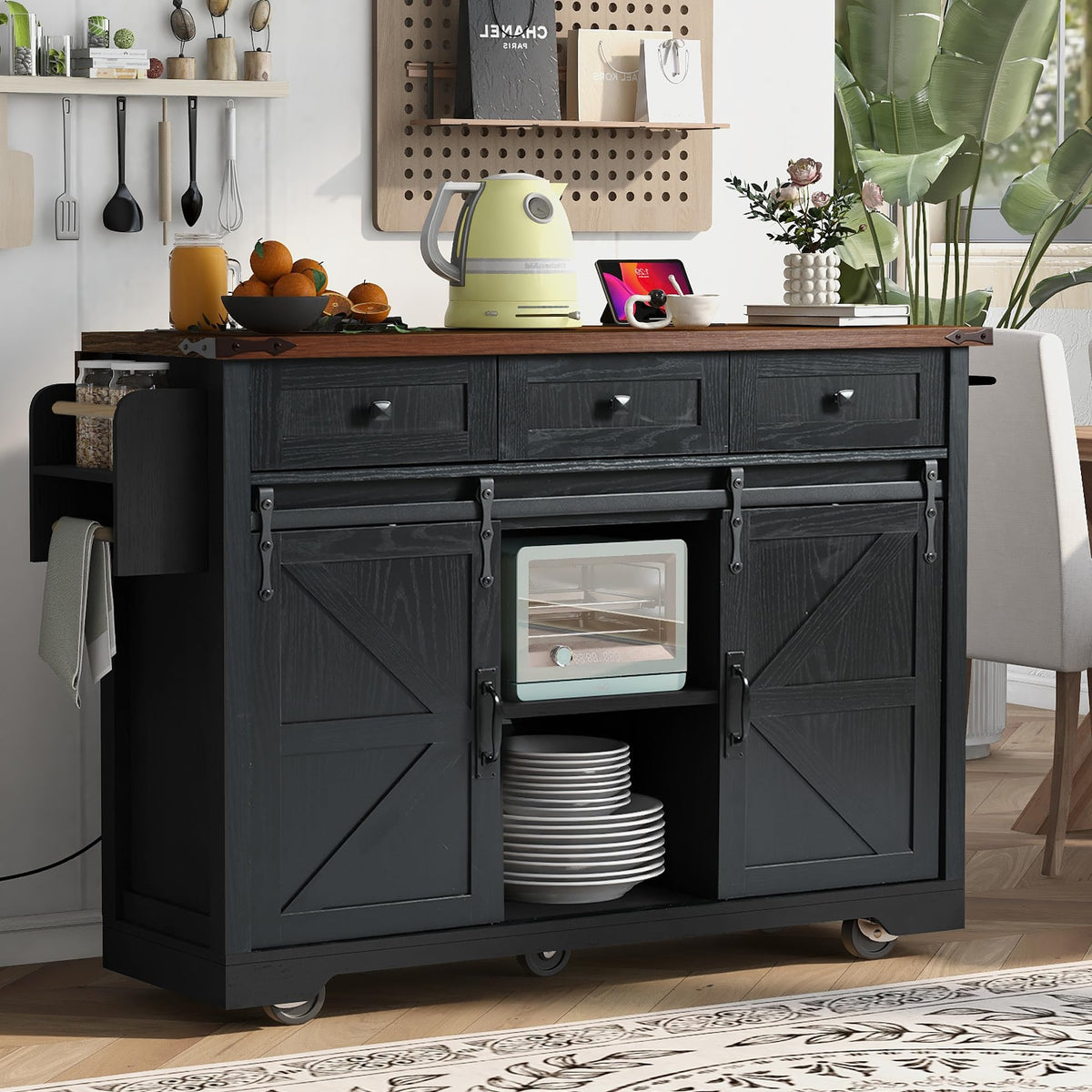 Ball & Cast Farmhouse Kitchen Island with Power Outlet,Dining Storage Island with Drop Leaf,Spice Rack and Drawer,Rolling Dining Cart on Wheels for Home,Kitchen,Dining Room,White,54"