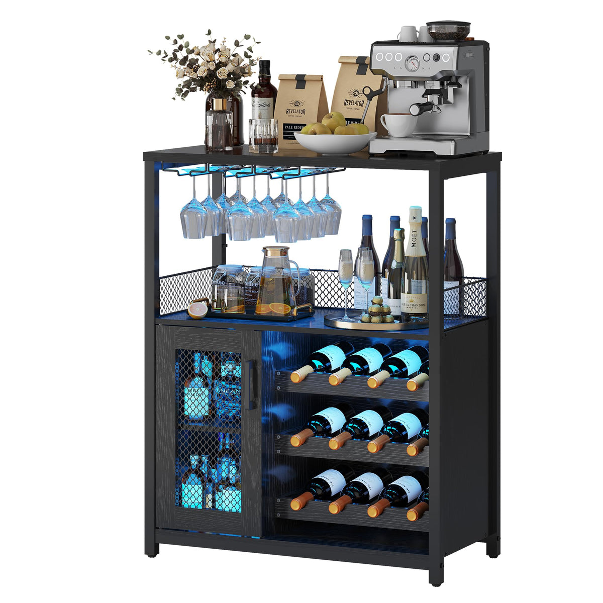 Jojoka 3 Tier Wine Bar Cabinet with LED Lights, Adjustable Storage, Liquor Rack, Glass Holder, Mesh Door, Multi Functional Coffee Bar Sideboard Buffet for Home, Dining Room