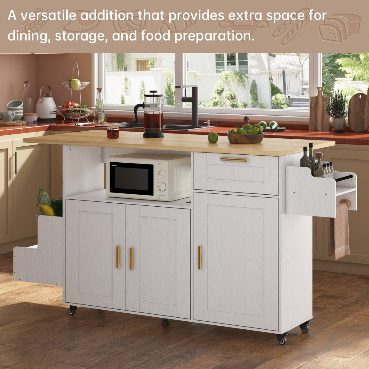 ASTRONAPE Rolling Kitchen Island Cart with Storage, Mobile Kitchen Island with Power Outlet, Large Wood Top, Drawers & Cabinets for Dining Room (White, Model 1)