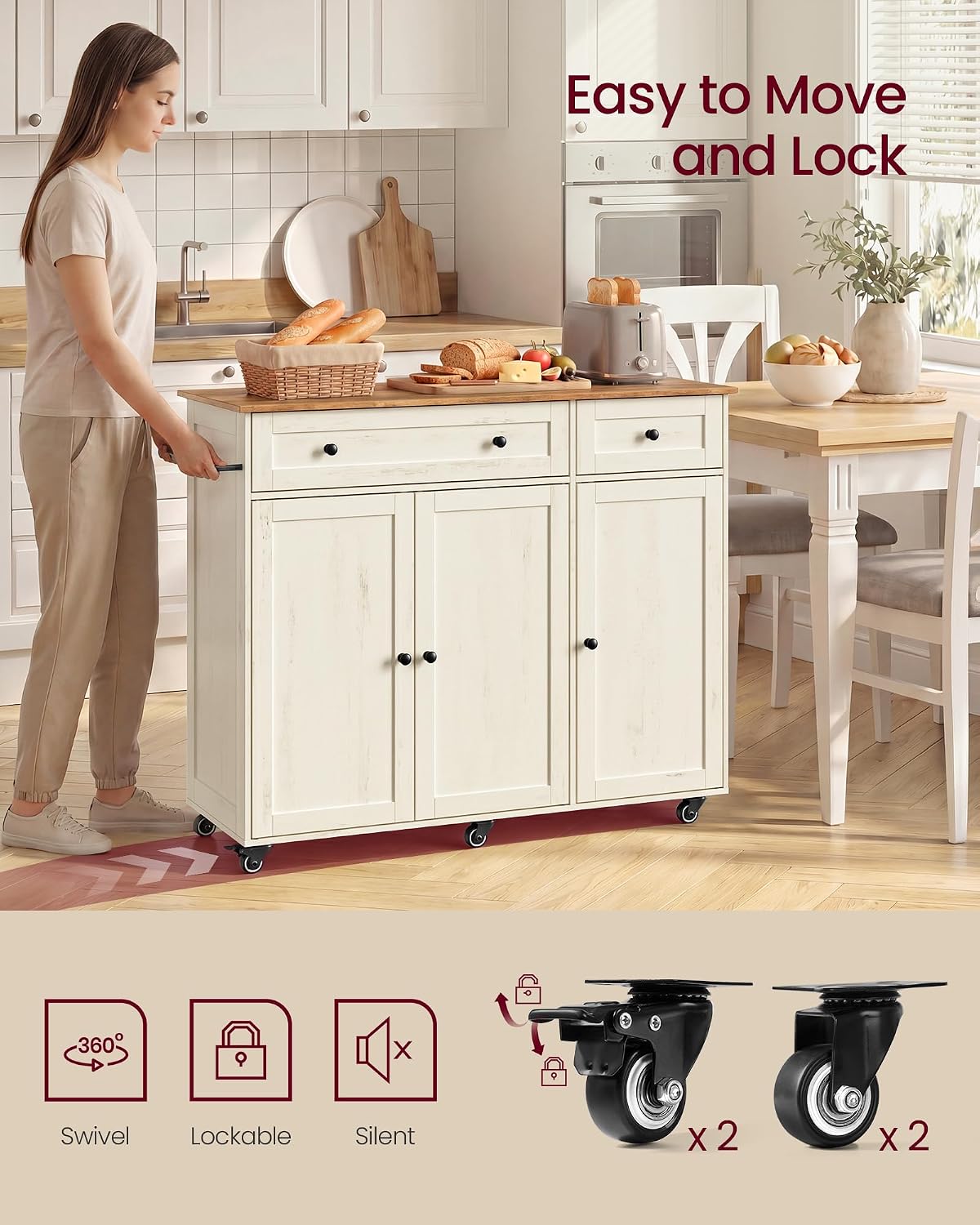VASAGLE Mobile Kitchen Wooden Island Cart with Storage for Dining Room