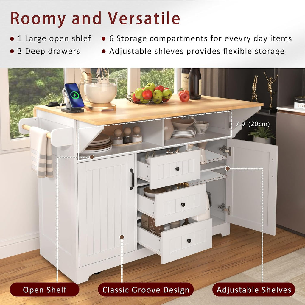 GDFStudio 55.7" Large Kitchen Island with 2 Drop Leaf,Rolling Kitchen Cart on 5 Wheels with Outlet, Folding Storage Dining Table with Spice & Towel Rack,3 Drawers,for Kitchen, Dining Room,White