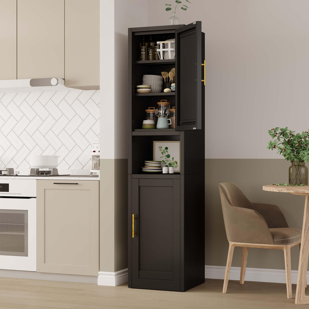 67" Tall Metal Pantry Cabinet, Narrow Freestanding Storage Cabinet, Black