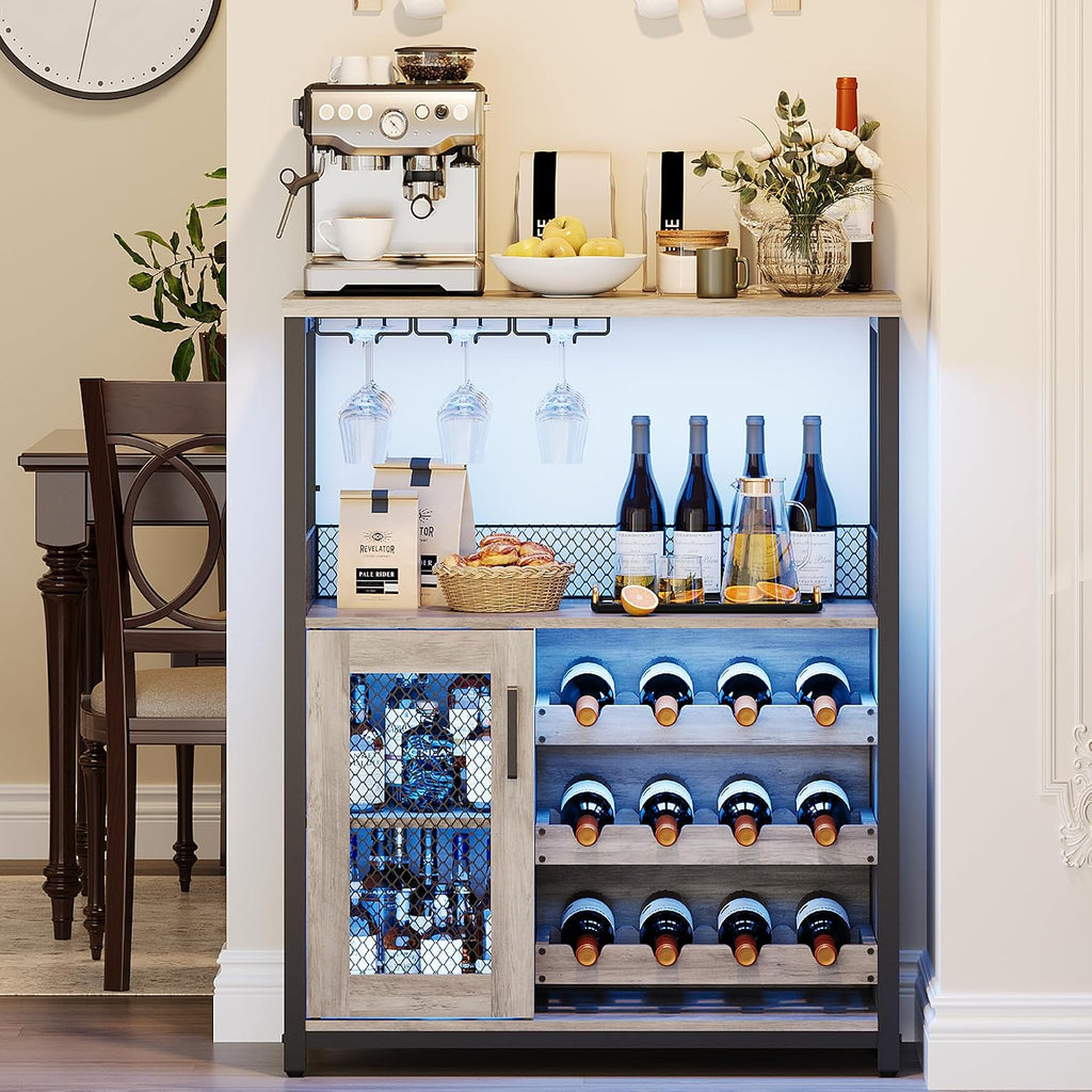 Jojoka 3 Tier Wine Bar Cabinet with LED Lights, Adjustable Storage, Liquor Rack, Glass Holder, Mesh Door, Multi Functional Coffee Bar Sideboard Buffet for Home, Dining Room