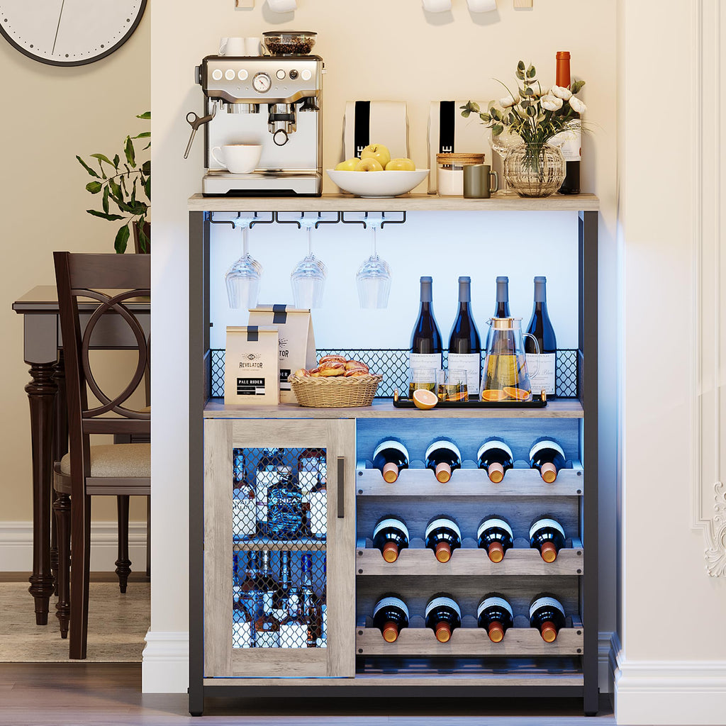 Wine Bar Cabinet, 3-Tier Detachable Wine Rack, Stemware Glass Holder, Mesh Door & Storage Shelves, Liquor Storage Buffet Sideboard for Kitchen, Dining Room, Living Room or Home Bar - Black