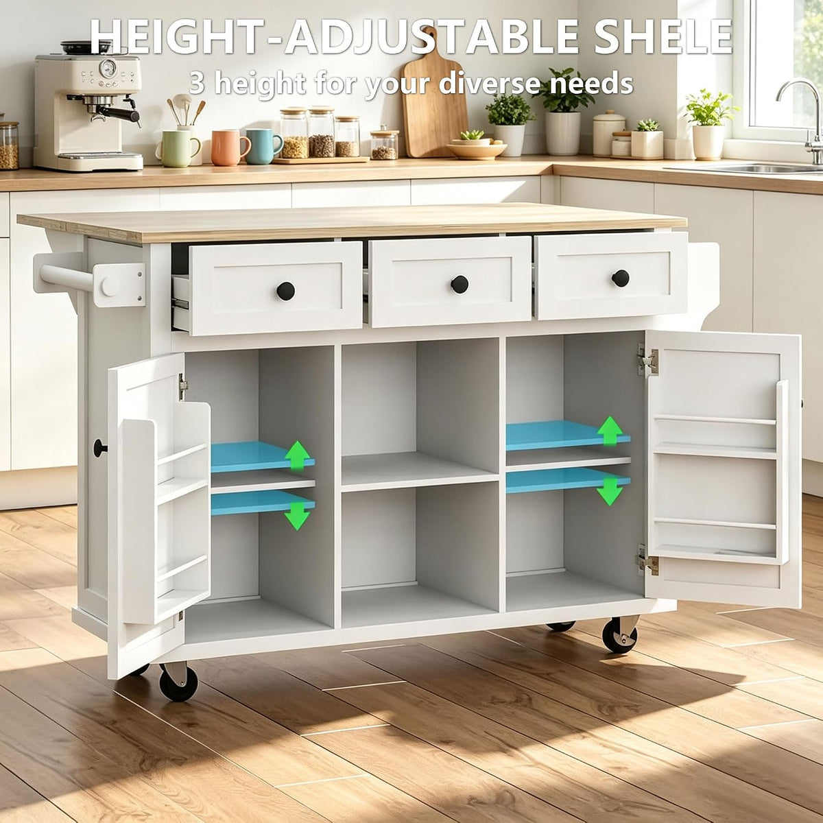 Rolling Kitchen Island with Rubber Wood Drop Leaf Countertop, Kitchen Cart on 5 Wheels with Storage Cabinet, 3 Drawers, Towel & Spice Rack, Mobile Kitchen Table for Dining Room Apartment, White