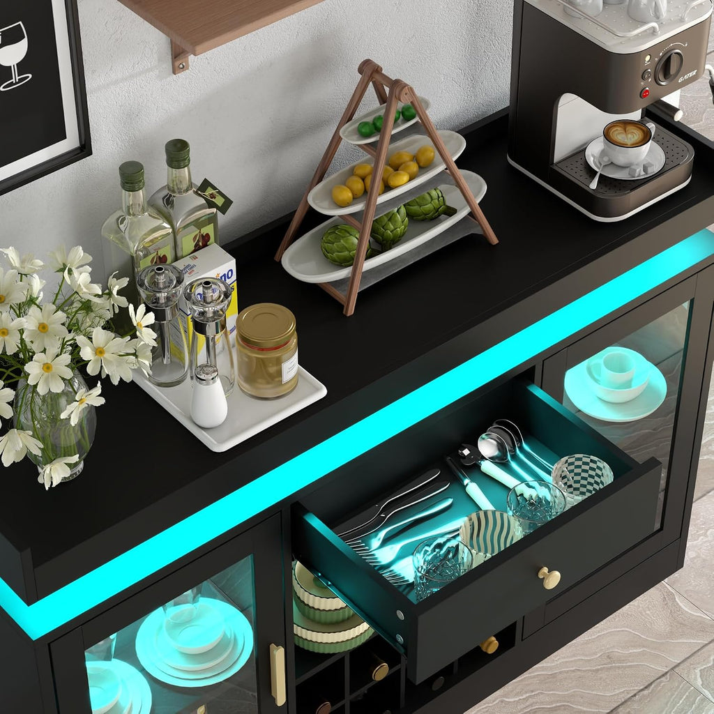 Wine Bar Cabinet with LED Light, Home Coffee Bar Cabinet w/ Wine&Glass Rack