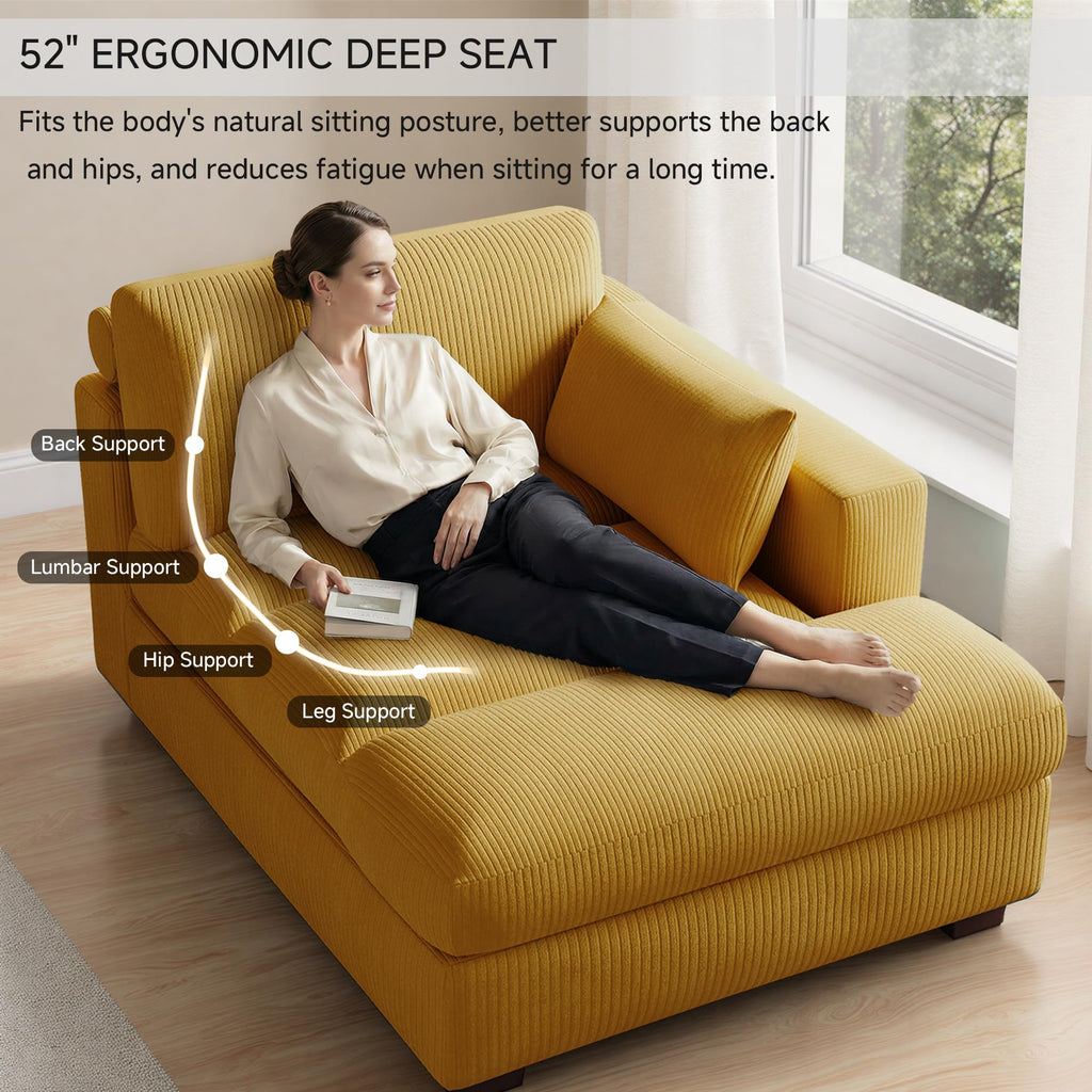 Oversized Corduroy Chaise Lounge Chair with Right Armrest & Cushion, Comfy Upholstered Sleeper Sofa Indoor Recliner Seat Solid Wood Couch w/Washable Cover for Bedroom, Living Room - Orange