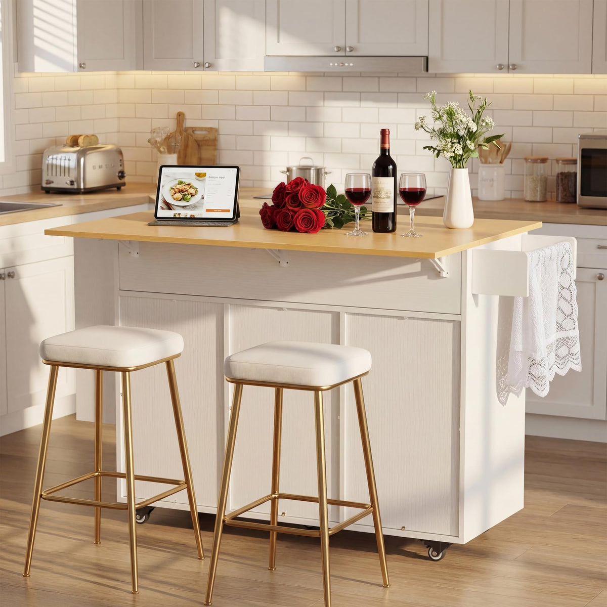 YESHOMY Kitchen Island on Wheels with Trash Cabinet, White & Brown